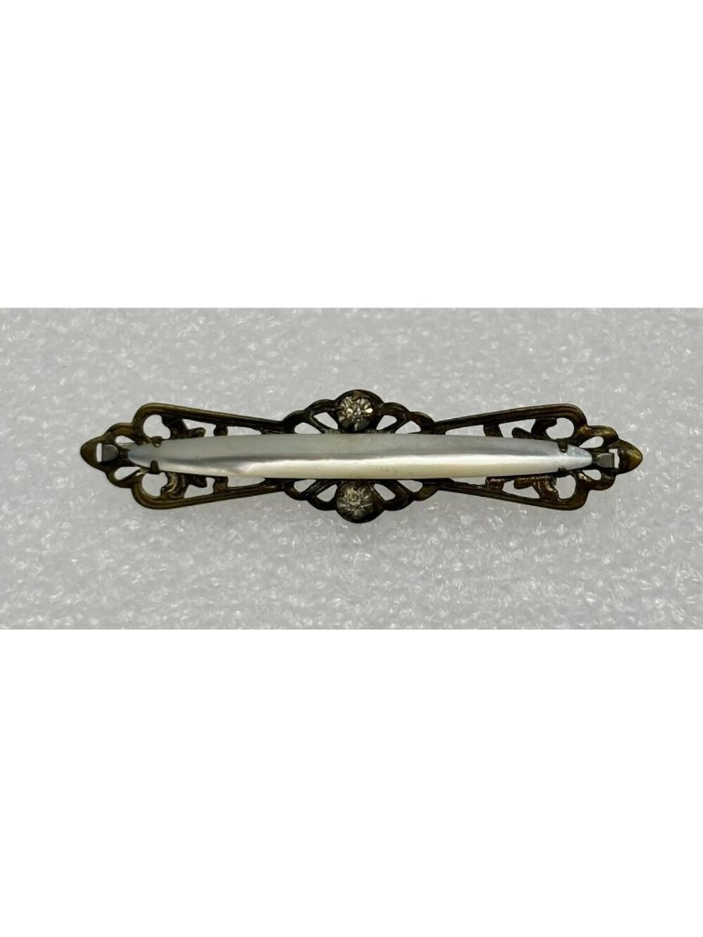 Antique Mother of Pearl Gold-Tone Bar Brooch W/Two Paste Stones C-Clasp Unsigned
